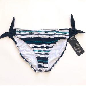 Skye Black White Teal Abstract Stripe Side Tie Bikini Bottoms NWT XL Lined